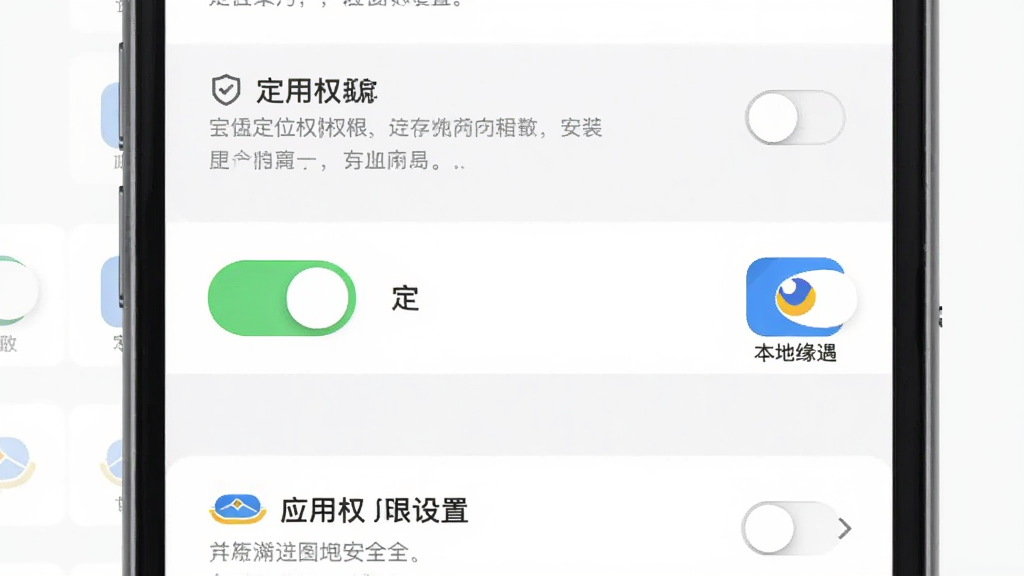 画面主体为手机屏幕显示应用权限设置页面,页面中定位权限开关高亮,旁边有“本地缘遇”应用图标,布局为纵向列表结构,风格为简洁系统设置界面插画,细节包含权限开关、提示文字、安全盾牌图标,画质清晰干净,无多余元素