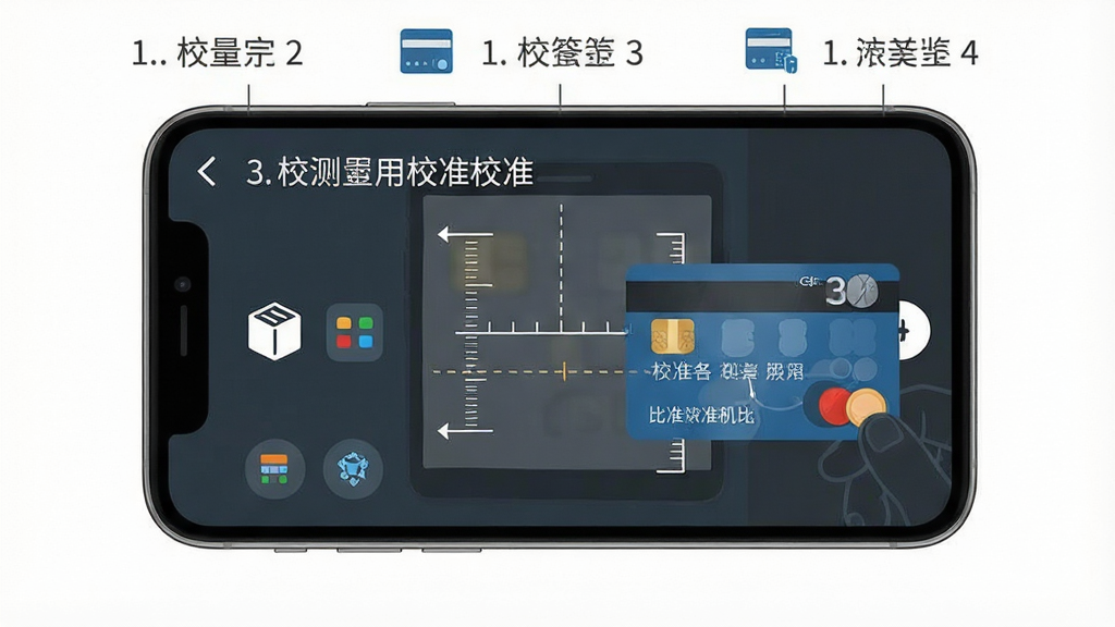 一张展示手机测量应用校准步骤的示意图,主体为手机屏幕上的校准引导界面与银行卡比对动作,布局为手机居中、步骤编号依次排列,风格为清晰教程风,细节包括校准提示文字、刻度对比线、简洁图标,画质高清、干净、无多余元素