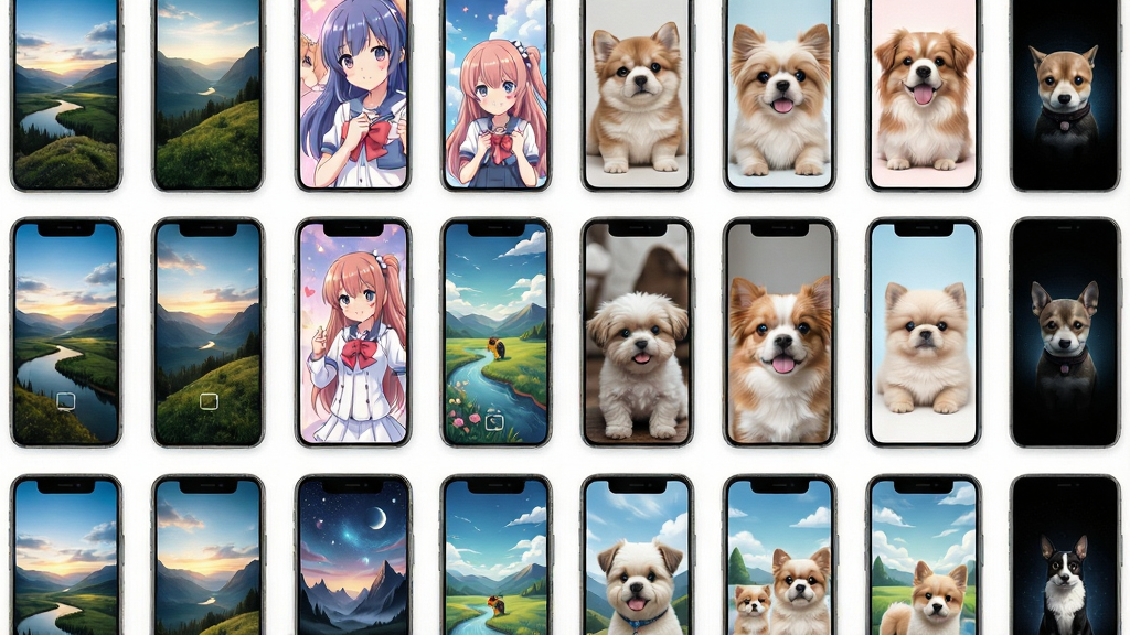 一张壁纸资源库展示图,画面主体是多排整齐排列的手机壁纸缩略图,包含风景、动漫、萌宠等不同风格,布局为网格状分类展示,风格明亮清新,细节清晰,画质高清,画面干净无多余元素