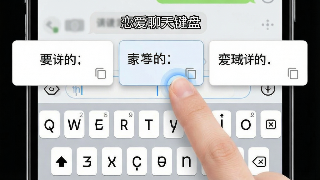 一张展示手机键盘上方悬浮话术快捷栏的示意图,画面主体为手机输入界面,键盘顶部有一排横向滚动的话术快捷卡片,每张卡片带有简短文字与复制图标,用户手指正在点击其中一张卡片,背景为浅灰色聊天界面,风格简洁实用,细节包括键盘按键、话术卡片、点击动效,画质清晰干净,画面中标注