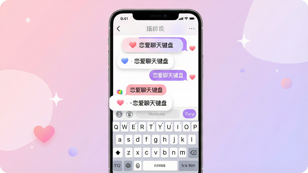 一张展示智能手机聊天界面的产品示意图,画面中央是手机屏幕,屏幕内呈现聊天对话气泡与悬浮的键盘面板,键盘上方排列多条话术推荐卡片,卡片上写有