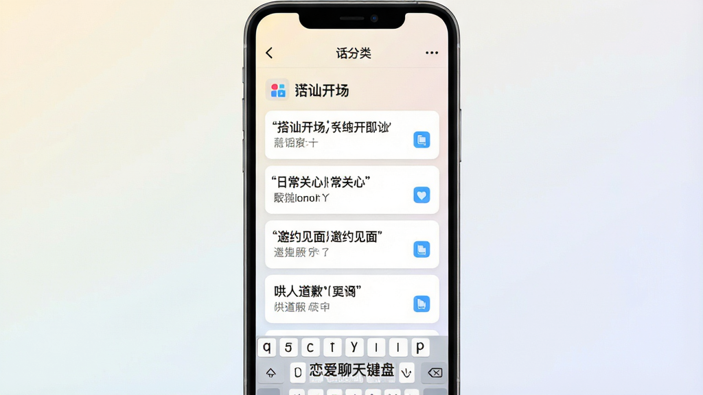 一张展示话术分类界面的手机应用截图风格示意图,画面中手机屏幕显示多个话术分类标签如