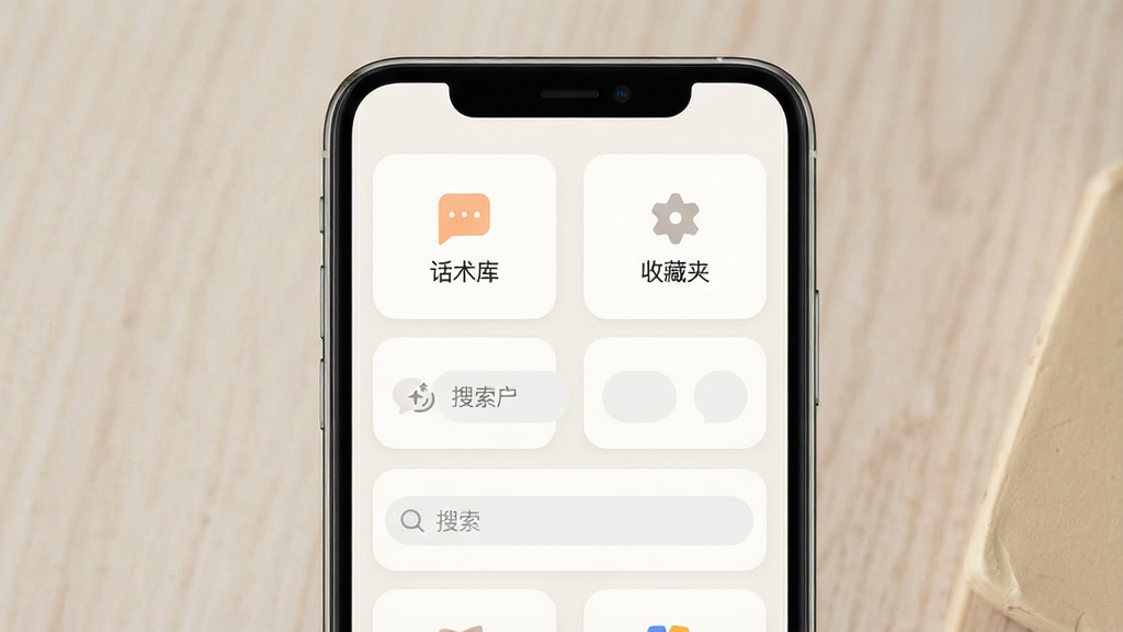 一张展示手机应用主界面的产品示意图,画面中央为手机屏幕,屏幕内呈现简洁的功能入口布局,包括话术库、收藏夹、搜索框等模块,整体采用浅色背景搭配柔和圆角卡片,风格清新极简,细节包括图标、文字标签、搜索栏,画质清晰干净,画面中显示