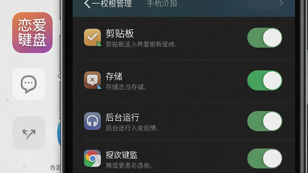 一张展示手机应用权限设置界面的示意图,画面中手机屏幕显示权限管理列表,包括剪贴板、存储、后台运行等权限开关,其中一个开关处于开启状态,背景为系统设置界面风格,细节包括权限图标、开关按钮、文字说明,画质清晰干净,画面中带有