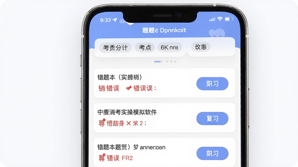 ����չʾ������ʵ��ģ���������Ĵ��Ȿҳ�棬����Ϊ�ֻ���Ļ�еĴ����б��뿼���ǩ������Ϊ����ͳ�ƿ�Ƭ���·���Ŀ�б����Ű��������У����Ϊ��࿨Ƭʽ��ƣ�ϸ�ڰ�����ɫ�����ǡ������ǩ����ϰ��ť�����ʸ��塢�ɾ����޶���Ԫ��