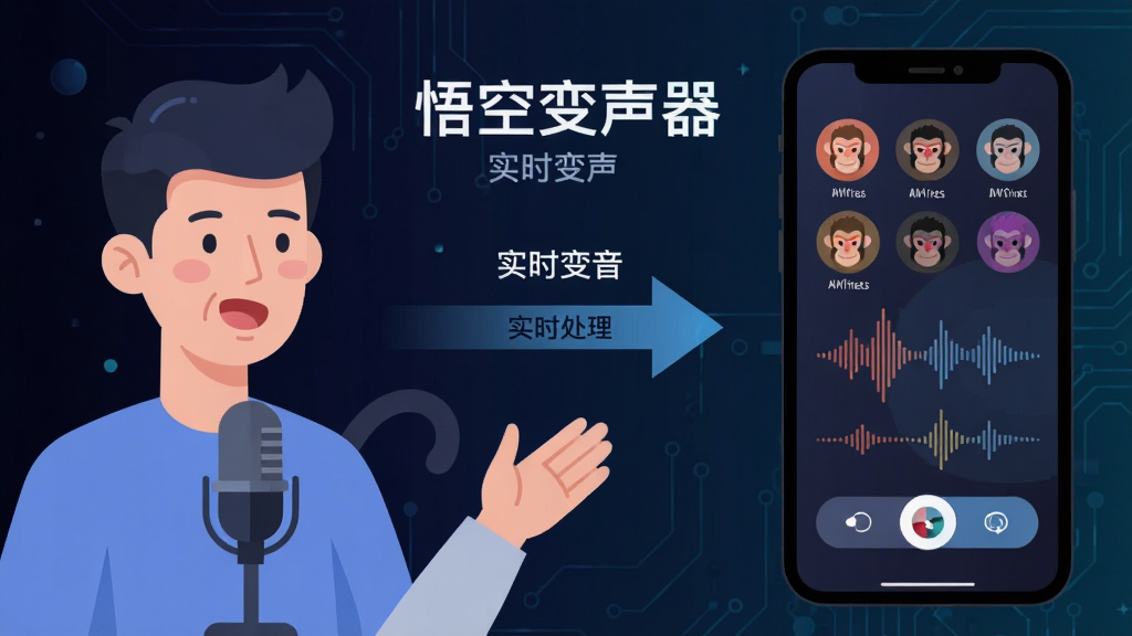 一张展示“悟空变声器”实时变声功能的场景图,画面左侧为说话的用户,右侧为手机屏幕中显示的多种音色图标与声波转换动画,中间用箭头连接表示声音实时处理,背景为深色科技感渐变,风格为现代扁平插画,细节包括麦克风、声波曲线和音色切换按钮,画质清晰干净,无多余元素