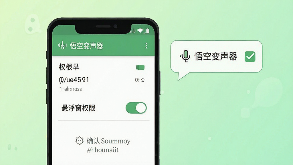 一张展示安卓手机安装“悟空变声器”后权限设置界面的示意图,画面中手机屏幕显示麦克风与悬浮窗权限开关,旁边有提示气泡和勾选图标,背景为浅绿色柔和渐变,风格为简洁教程类插画,细节包括权限列表、开关按钮和确认提示,画质清晰干净,无多余元素