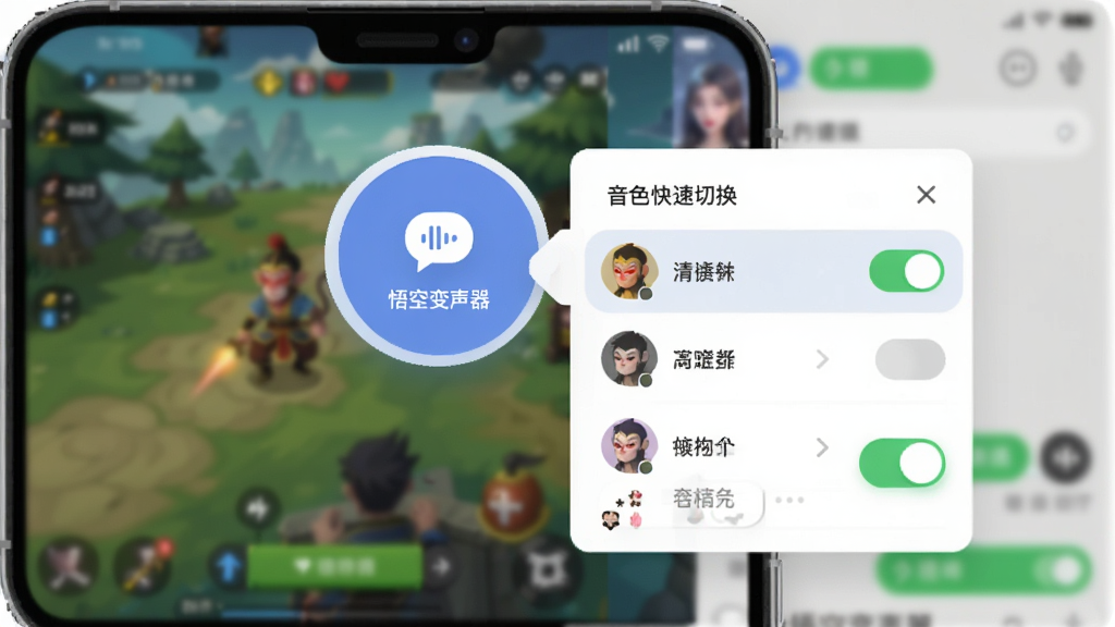画面展示“悟空变声器”悬浮窗功能,手机屏幕上方有一个可拖动的圆形悬浮按钮,按钮旁展开音色快捷切换面板,背景为游戏与语音聊天界面虚化效果,风格为轻科技扁平插画,细节包括悬浮图标、音色列表和开关状态,画质清晰干净,无多余元素