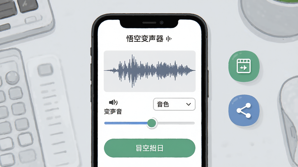 一张表现“悟空变声器”录音编辑功能的示意图,画面中手机屏幕显示录音波形与变声参数滑块,旁边有保存和分享图标,背景为浅灰色工作台风格,风格为简洁工具类插画,细节包括波形图、音色下拉菜单和导出按钮,画质清晰干净,无多余元素