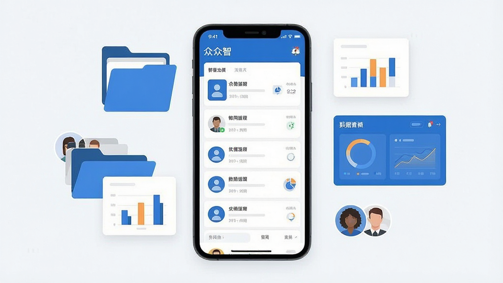 一张展示众智产品移动端界面的场景图,画面主体是一部竖屏智能手机,屏幕中显示产品列表与数据看板布局,手机周围环绕文件夹、图表卡片、协作头像等元素,整体采用扁平化商务风格,配色以蓝白为主,细节干净利落,画质清晰,背景简洁无多余元素