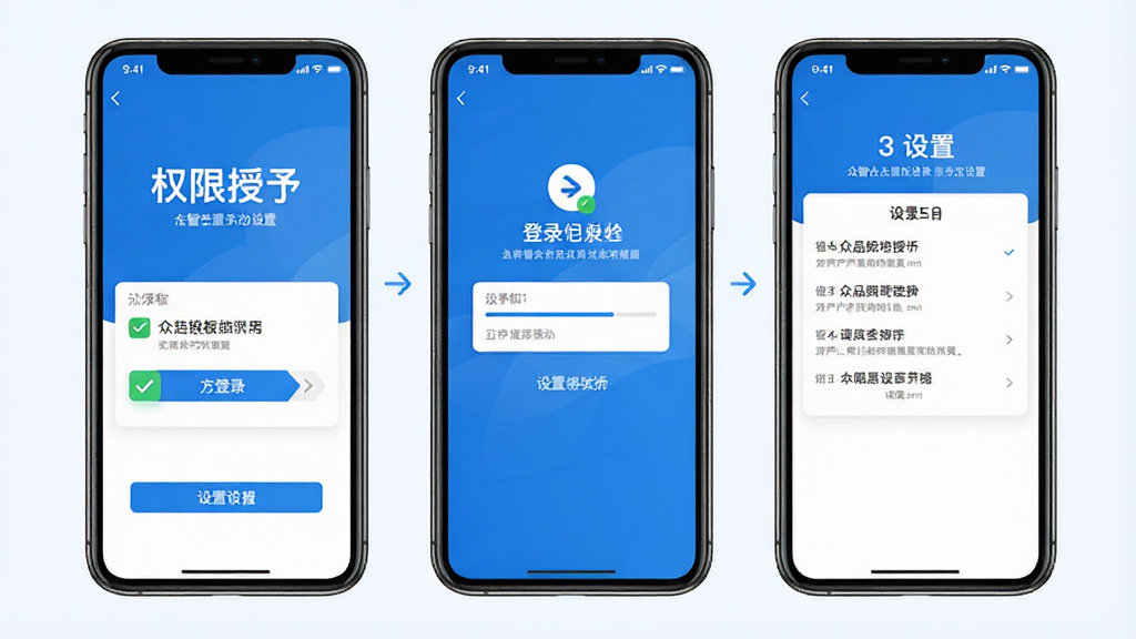 众智产品新手安装设置流程示意图,画面主体为手机屏幕依次展示权限授予、登录、设置三个步骤页面,布局为横向三格排列,风格为简洁明快的商务蓝风格,细节包含勾选标记与进度指示,画质清晰,背景干净无多余元素