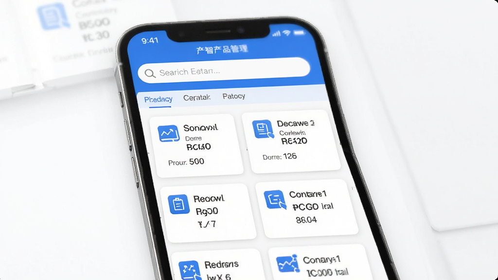 众智产品应用内的产品档案管理界面示意图,画面主体为手机屏幕中的档案卡片列表,每张卡片带有图标与字段标签,布局整齐,风格为清爽的蓝白商务风,细节包含搜索框与分类标签,画质清晰,背景干净无多余元素
