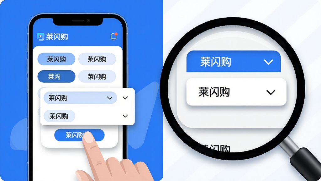 主体为一只手指点击手机屏幕上的筛选按钮,屏幕内显示分类标签与下拉筛选面板;布局上手机位于画面左侧,右侧以放大镜形式展示筛选选项的细节;排版为左右对比构图;风格为简洁的科技插画风,蓝白配色为主;细节上筛选标签有选中高亮状态,面板带有阴影层次;画质高清,画面干净,无多余元素,图中文字为“莱闪购”