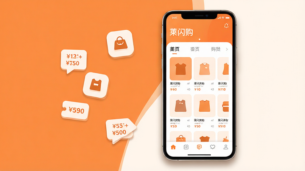 主体为一部竖屏智能手机居中放置,屏幕内展示简洁的购物商城界面,包含商品卡片与分类栏;布局上手机位于画面中央偏右,左侧留白区域放置若干悬浮的商品图标与价格标签;排版采用上下分层结构,顶部为应用标题区域,中部为商品网格,底部为导航栏;风格为现代扁平化UI插画风,配色以暖橙与白色为主,干净清爽;细节上手机边缘有轻微投影,商品卡片带有圆角,图标线条简洁;画质高清,画面干净,无多余元素,图中文字为“莱闪购”