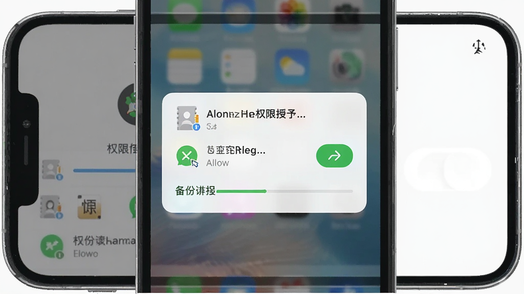 主体为手机屏幕显示权限授予弹窗与备份进行中界面,布局为手机居中特写,排版突出权限开关与进度条,风格为实用教程截图风,细节包括通讯录权限图标、绿色允许按钮、备份进度文字手机号备份,画质清晰,画面干净,无多余元素