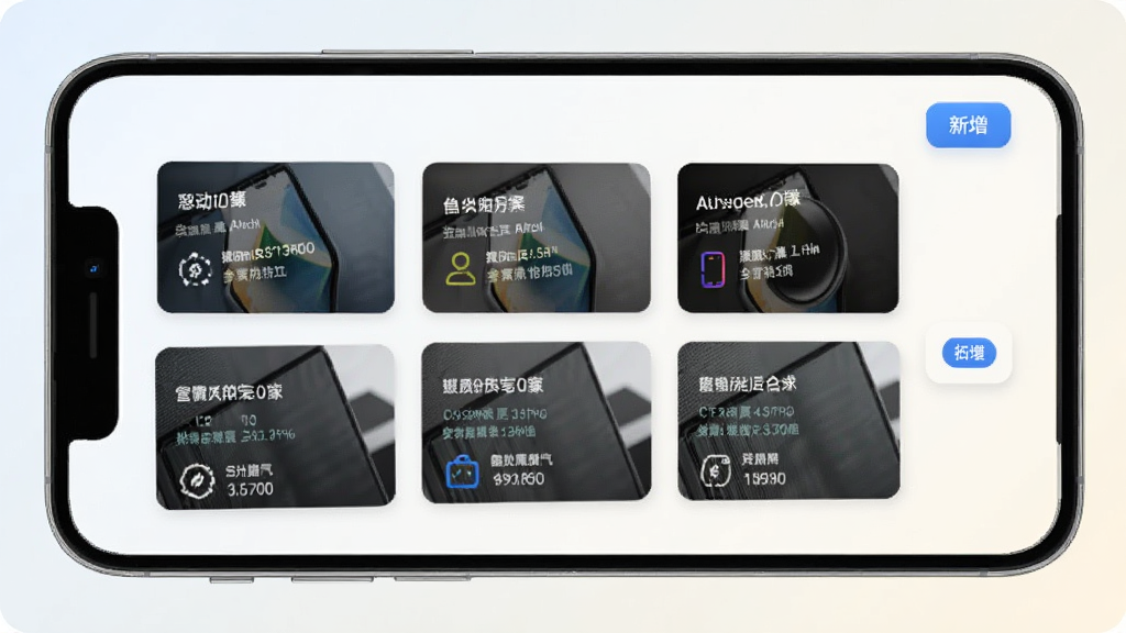 手机界面展示画质方案列表,每张卡片显示方案名称和关键参数摘要,卡片排列整齐,右上角有新增按钮,背景为浅色渐变,风格简洁现代,布局清晰,画质干净