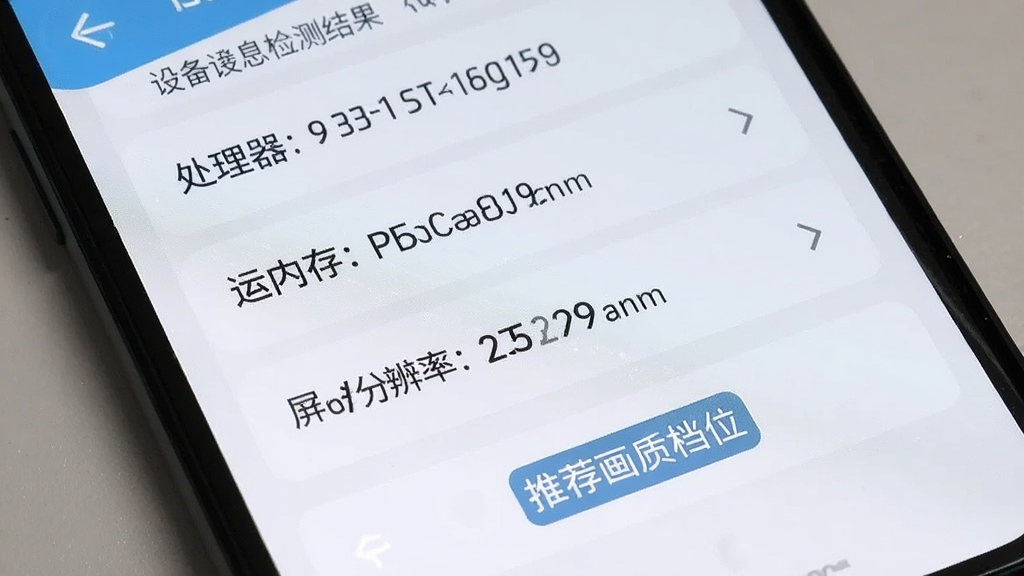 手机屏幕显示设备信息检测结果页面,包含处理器型号、运行内存、屏幕分辨率等条目,页面底部有推荐画质档位标签,界面为浅色卡片式布局,风格清爽直观,画质干净清晰