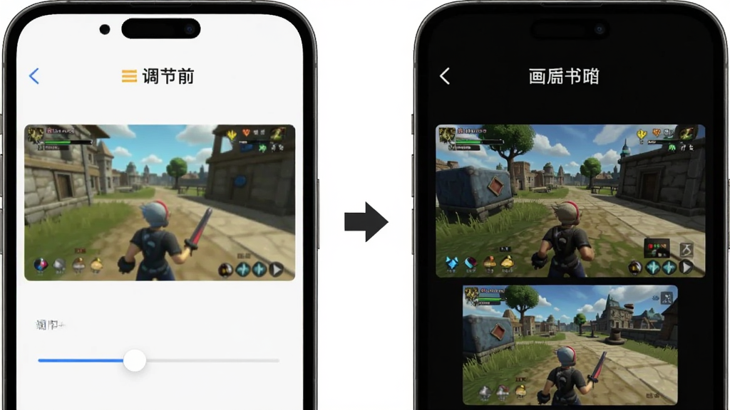 手机屏幕显示画质调节滑块与游戏画面预览对比,左侧为调节前画面,右侧为调节后画面,中间有对比箭头,界面简洁,风格直观,布局左右对称,画质干净清晰