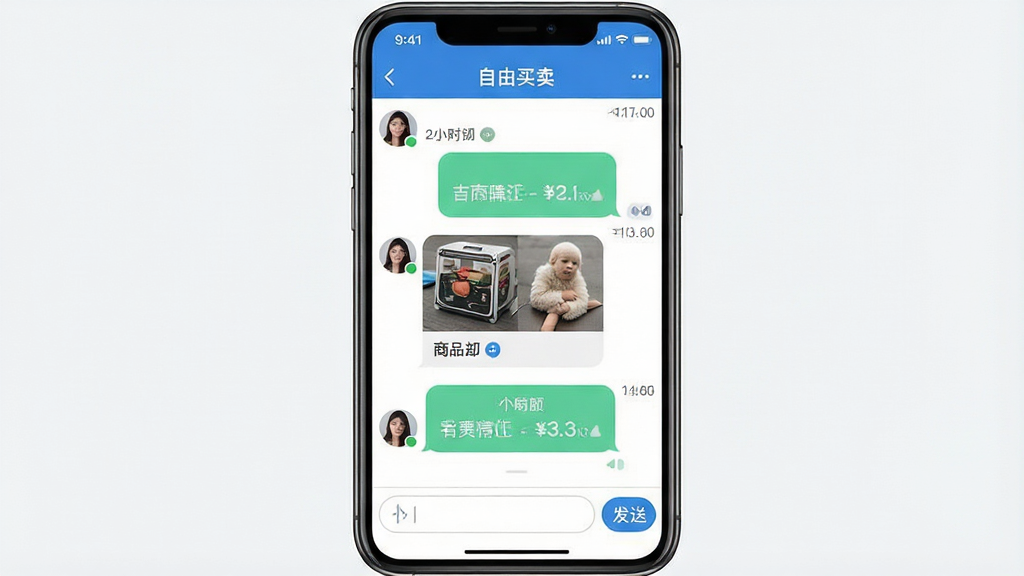 一张站内聊天界面展示图,主体为手机屏幕上的聊天窗口,顶部显示“自由买卖”会话标题,中部为买卖双方对话气泡,包含商品图片与价格文字,底部为输入框与发送按钮,布局居中对称,风格为简洁社交UI,细节包含头像、时间戳与已读状态,画质高清,画面干净,无多余元素