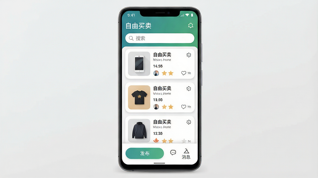 一张手机应用界面展示图,主体是一部竖屏安卓手机,屏幕中央显示“自由买卖”应用首页,页面顶部有搜索框,中部为商品信息卡片列表,底部为发布按钮与消息入口,布局清晰居中对齐,风格为现代扁平化UI设计,细节包含圆角卡片、柔和阴影与简洁图标,画质高清,画面干净,无多余元素