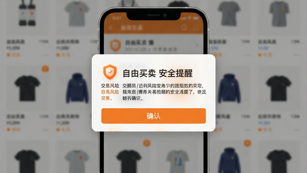 一张安全提示界面展示图,主体为手机屏幕上的弹窗提示框,弹窗标题为“自由买卖 安全提醒”,内容为交易风险提示文字与确认按钮,背景为模糊的商品列表页,布局居中突出弹窗,风格为警示类UI设计,细节包含盾牌图标、橙色强调色与清晰按钮,画质高清,画面干净,无多余元素