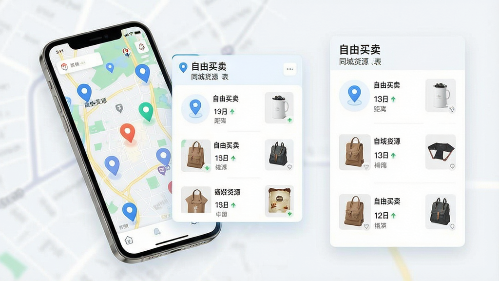 一张信息匹配示意图,主体为手机屏幕上的地图与信息卡片组合,地图上有多个定位标记点,旁边浮层显示“自由买卖”同城货源列表,布局为左图右卡片的双栏结构,风格为清爽浅色科技风,细节包含定位图标、距离数值与商品缩略图,画质高清,画面干净,无多余元素
