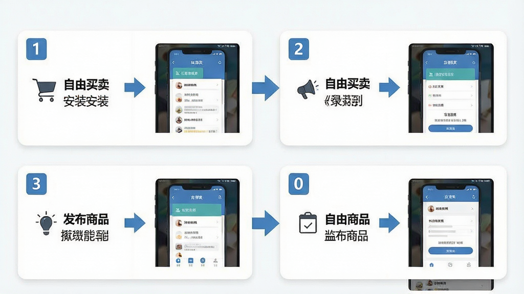 一张操作流程示意图,主体为手机屏幕分步截图组合,展示“自由买卖”从安装到发布商品的四个步骤,布局为纵向排列的步骤卡片,风格为教程类扁平设计,细节包含步骤编号、箭头引导与界面缩略图,画质高清,画面干净,无多余元素