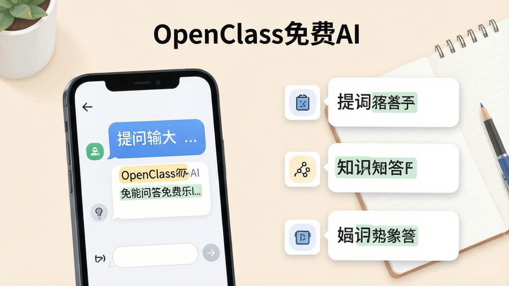 一张表现“OpenClass免费AI”智能问答功能的场景图,画面主体是手机屏幕中的对话气泡与知识点卡片,左侧为提问输入框,右侧为分步解答内容,屏幕上方显示“OpenClass免费AI”名称,背景为浅色书桌与笔记本,排版为左右分栏的信息流布局,风格为清爽的科技教育插画,细节包括气泡圆角、重点文字高亮、简洁图标,画质高清、画面干净、无多余元素