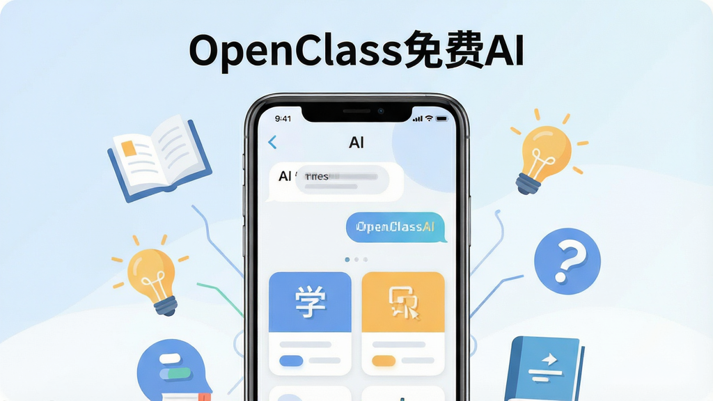 一张展示“OpenClass免费AI”手机应用界面的产品概览图,画面主体是一部竖屏智能手机居中摆放,屏幕内呈现AI对话窗口与学习卡片布局,上方标题文字“OpenClass免费AI”,周围环绕书本、灯泡、问号图标等学习元素,背景为浅蓝到白色的柔和渐变,排版干净对称,风格为现代扁平化UI插画,细节包括圆角卡片、简洁图标与清晰文字层级,画质高清、画面干净、无多余元素