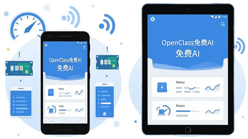 一张表现“OpenClass免费AI”轻量运行与设备适配的示意图,画面主体是一部安卓手机与平板并排展示同一应用界面,屏幕中显示“OpenClass免费AI”主页面,周围有速度仪表、内存条、信号图标等元素,排版为横向对比布局,风格为科技感扁平插画,细节包括流畅线条、简洁数据图形、统一蓝色调,画质高清、画面干净、无多余元素