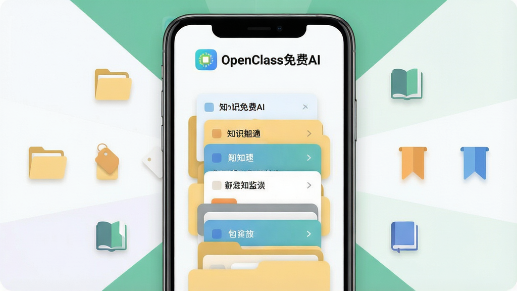 一张展示“OpenClass免费AI”资料整理功能的界面图,画面主体为手机屏幕中多张知识卡片自动归类到不同文件夹的动画效果,屏幕上方有“OpenClass免费AI”标识,周围有文件夹、标签、书签等图标,排版为居中放射状结构,风格为简约扁平化设计,细节包括柔和阴影、清晰分类标签、统一配色,画质高清、画面干净、无多余元素