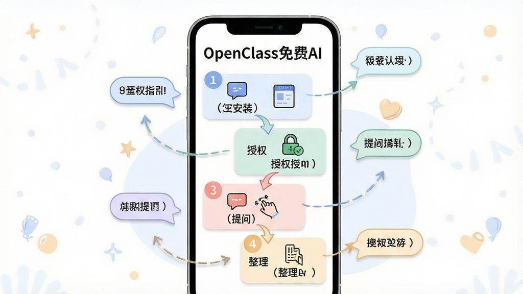 一张表现“OpenClass免费AI”新手操作指引的示意图,画面主体为手机屏幕中分步骤展示安装、授权、提问、整理四个环节的流程卡片,屏幕上方有“OpenClass免费AI”名称,周围有箭头连接与提示气泡,排版为纵向流程图布局,风格为简洁明快的教育类插画,细节包括步骤编号、图标提示、柔和配色,画质高清、画面干净、无多余元素