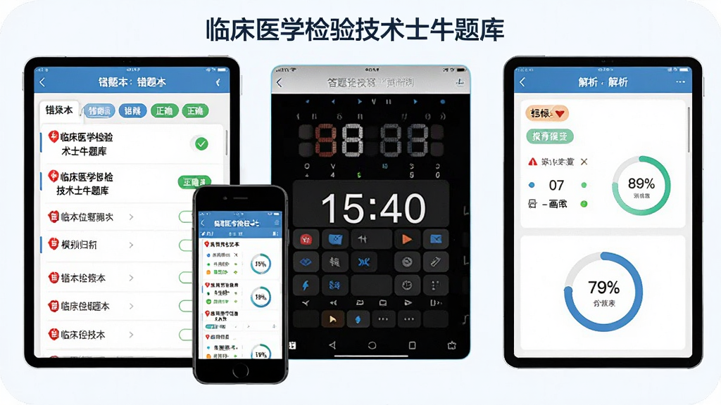 横版信息图展示医学检验题库的错题归集与模拟考场功能,主体为平板与手机组合画面,布局左中右三栏,左侧为错题本列表,中部为答题卡与倒计时,右侧为解析面板,排版对称规整,风格为简约教育科技风,细节包含红色错题标记、绿色正确标记、科目标签与进度环,画质清晰,画面干净,无多余元素,图中文字标注“临床医学检验技术士牛题库”