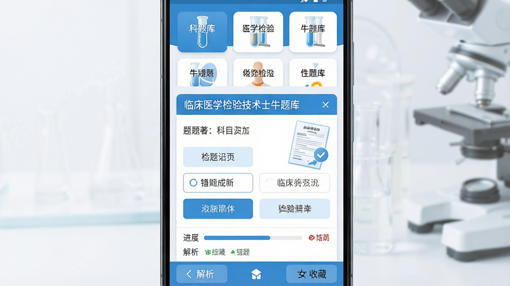 手机屏幕展示医学检验题库应用界面,主体为一部竖屏安卓手机,布局居中,上方为科目分类卡片,中部为题目作答区与选项按钮,下方为解析与收藏栏,排版整齐清晰,风格为清爽医疗蓝白配色,细节包含试管图标、检验报告单元素、进度条与错题标记,画质高清,画面干净,无多余元素,图中文字标注“临床医学检验技术士牛题库”