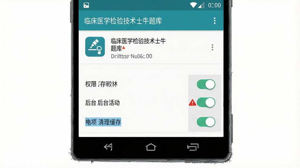 安卓手机设置界面示意图,主体为手机屏幕与权限开关面板,布局上下分层,上方为应用信息页,下方为权限列表与电池优化选项,排版清晰直观,风格为扁平化系统界面风,细节包含存储权限开关、后台活动开关、清理缓存按钮与红色警示标记,画质高清,画面干净,无多余元素,图中文字标注“临床医学检验技术士牛题库”