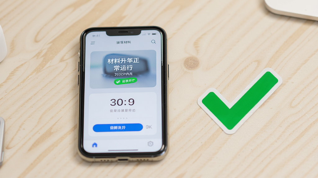 手机屏幕展示材料升应用正常运行的界面,旁边有对勾图标表示问题已解决,背景为浅色桌面,风格简洁,细节清晰,画质干净,无多余元素