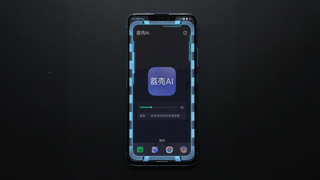 一部安卓手机放置在深色背景前,手机屏幕显示“荔壳AI”的运行状态页面,屏幕边缘有淡蓝色的光效线条环绕,画面风格偏科技感,构图居中,细节干净,画质锐利,无多余元素