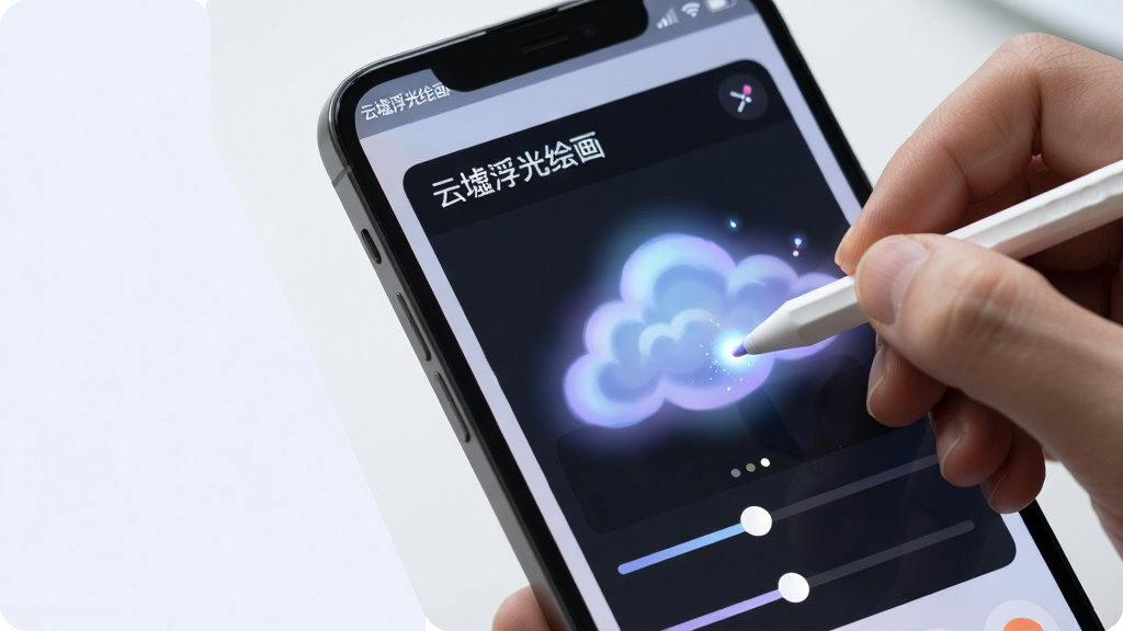 画面主体为一只手持触控笔在手机屏幕上绘制发光云朵的特写,屏幕上显示「云墟浮光绘画」的笔刷面板,光效笔刷正拖出柔和的蓝紫色光晕;布局为手部与手机占据画面右侧三分之二,左侧留出干净浅色背景;排版上软件名称「云墟浮光绘画」以小字标注在屏幕左上角状态栏位置;风格为写实产品特写风;细节上笔尖与屏幕接触处有细微光点,笔刷参数滑杆清晰可见;画质干净清晰,无多余元素