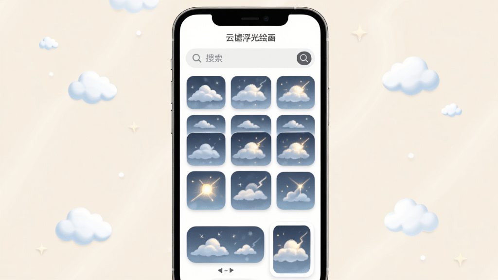 主体为手机屏幕展示「云墟浮光绘画」的素材库页面,网格状排列多张云朵与光斑缩略图,顶部有搜索框,下方有横版与竖版画布模板卡片;布局上手机居中,背景为浅米色,四周点缀少量漂浮的小云朵图标;排版上软件名称「云墟浮光绘画」以深灰色小字置于屏幕顶部搜索框上方;风格为清爽卡片式UI风;细节上素材缩略图圆角统一,搜索框有放大镜图标;画质干净清晰,无多余元素