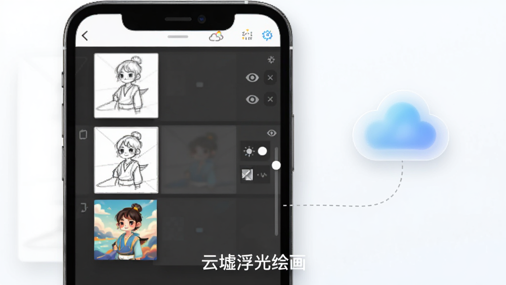 主体为手机屏幕内展示「云墟浮光绘画」的图层面板,三个图层缩略图分别显示草稿、线稿与彩色上色效果,图层右侧有眼睛图标与透明度滑杆;布局上手机居中偏左,右侧悬浮一朵半透明云朵图标表示云端同步;排版上软件名称「云墟浮光绘画」位于画面底部居中,白色小字;风格为清新扁平化UI展示风;细节上图层缩略图有细微阴影区分层次,云朵图标带虚线连接手机;画质干净,无多余元素