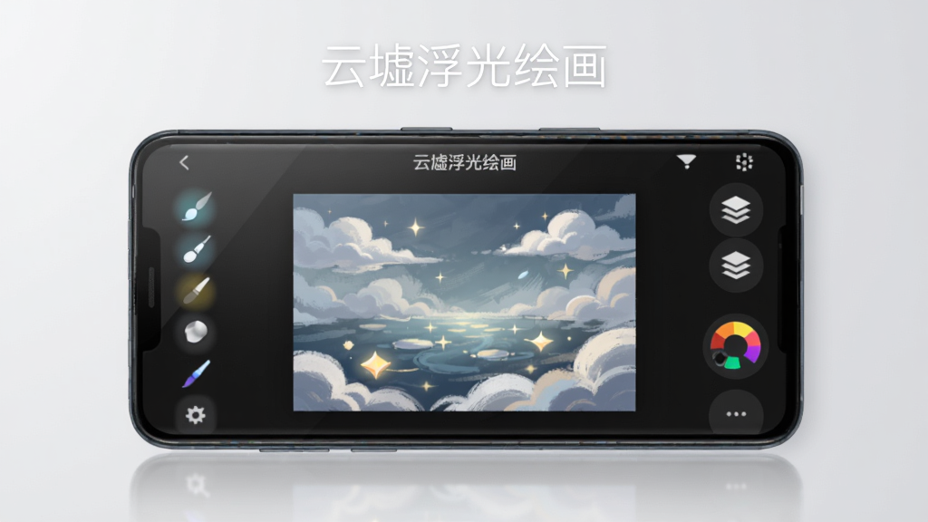 主体为一部横向放置的安卓手机,屏幕中央显示「云墟浮光绘画」的深色绘画界面,画布上是一幅未完成的云朵与浮光主题插画,左右两侧排列笔刷、图层、调色盘图标;布局上手机居中,背景为干净的浅灰渐变,四周留白均匀;排版上软件名称「云墟浮光绘画」以白色细体字置于画面顶部居中;风格为现代极简数字产品展示风;细节上屏幕有轻微反光,笔刷图标带柔和光晕,画布笔触有层次感;画质清晰干净,无多余元素,无杂乱装饰