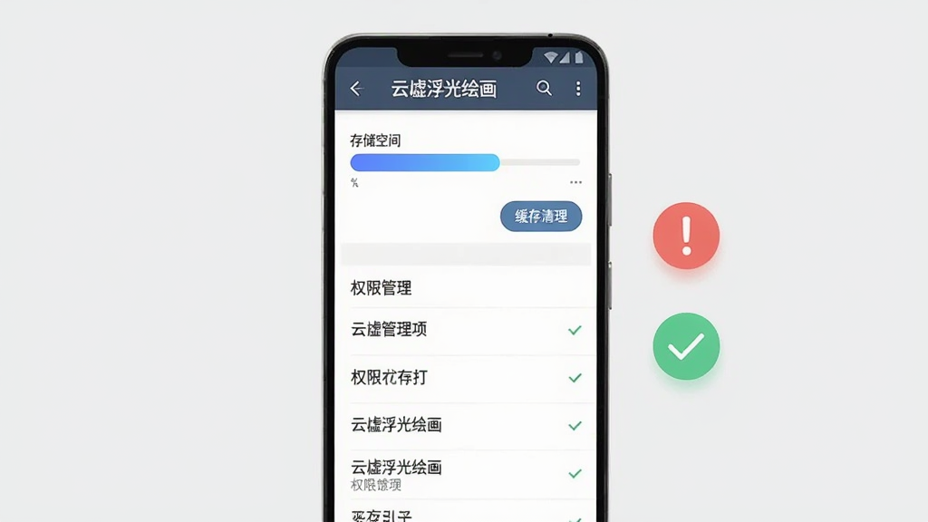 主体为一部安卓手机屏幕显示「云墟浮光绘画」的设置页面,页面上方有存储空间进度条与缓存清理按钮,下方列出权限管理项,画面右侧悬浮一个红色感叹号提示图标与绿色对勾图标形成对比;布局上手机居中,背景为浅灰纯色;排版上软件名称「云墟浮光绘画」以白色小字置于屏幕顶部标题栏;风格为扁平化信息图风;细节上进度条为蓝色渐变,权限项文字清晰;画质干净,无多余元素