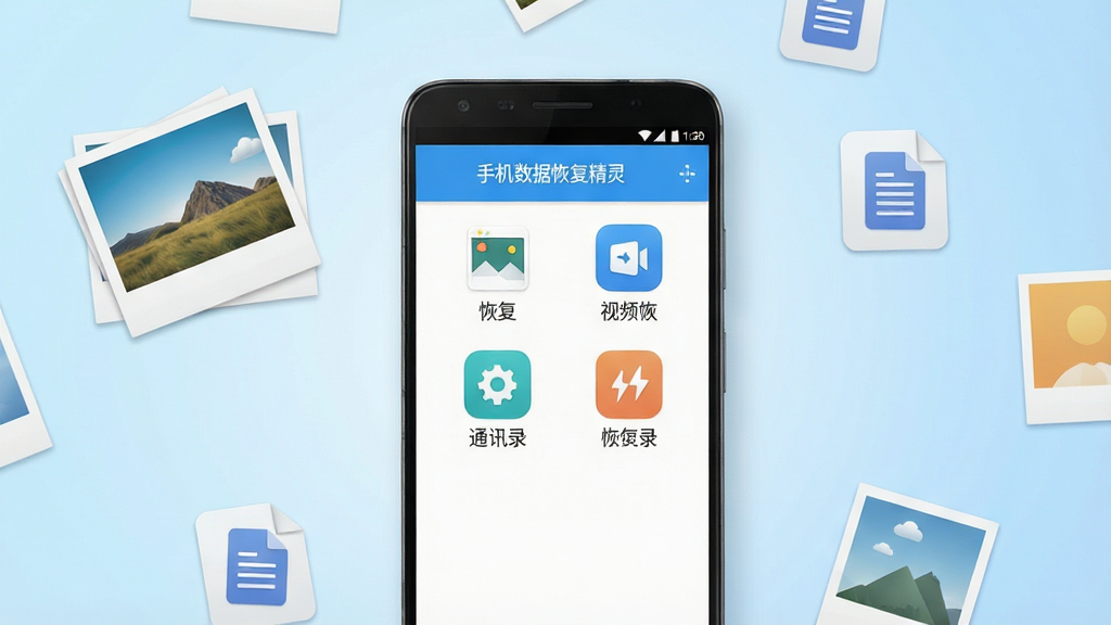 一张手机屏幕展示数据恢复软件界面的场景图,画面中央是一部竖放的安卓手机,屏幕内显示