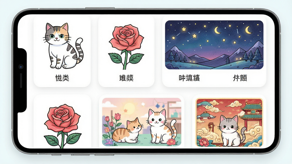 һ��չʾ����ɫ������Ӧ�����߸����ҳ���ͼƬ�����������������Ŷ��Ų�ͬ�������ɫ�߸�����ͼ������è�䡢õ�廨���ǿշ羰�͹���ͼ����ÿ������ͼ�·����з����ǩ��������ÿ�Ƭʽ���֣���ɫ������ͣ���������죬���ʸɾ��������޶���װ��Ԫ��