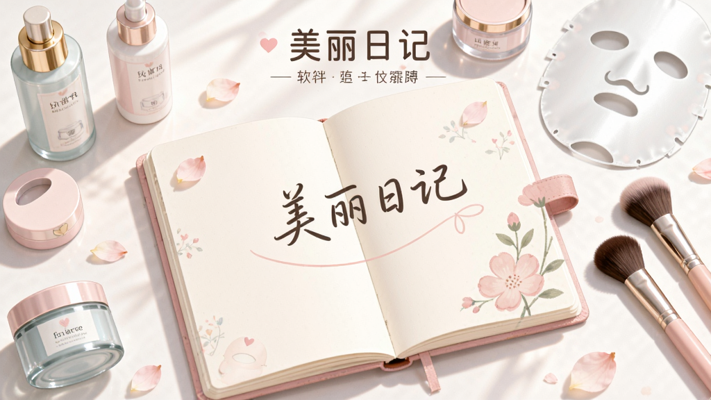 画面主体为一本打开的精致手账本,封面印有中文