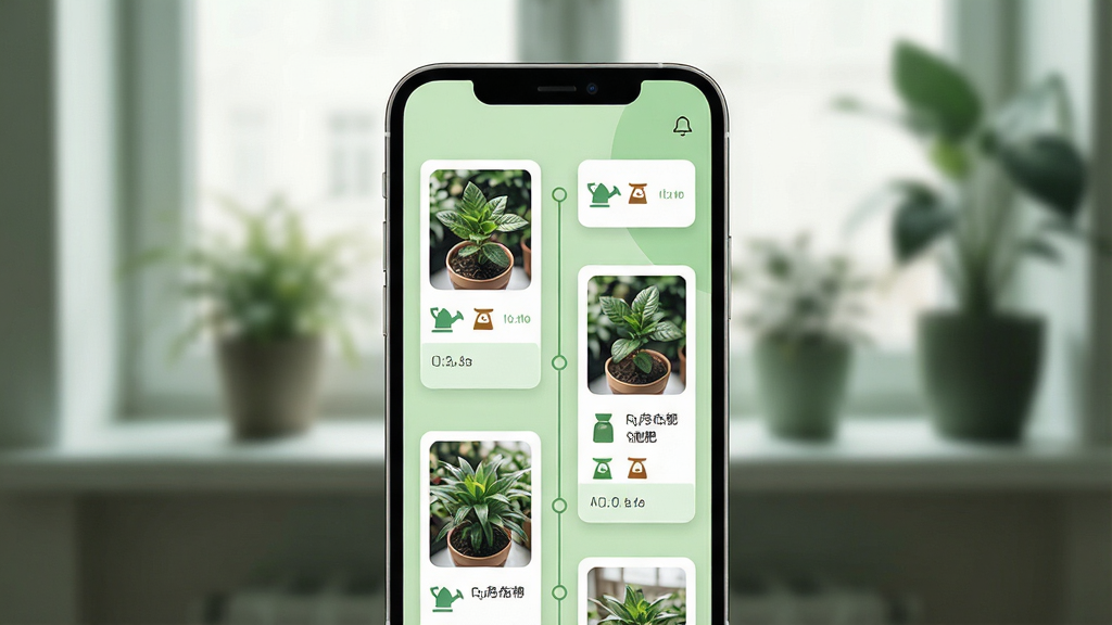 一张展示植物生长记录界面的示意图,画面以浅绿色为主色调,中央为手机屏幕特写,屏幕上排列着多张植物照片卡片与时间轴节点,卡片旁标注浇水、施肥等小图标,背景虚化处理为室内窗台与绿植剪影,风格简洁现代,排版整齐,细节清晰,画质干净