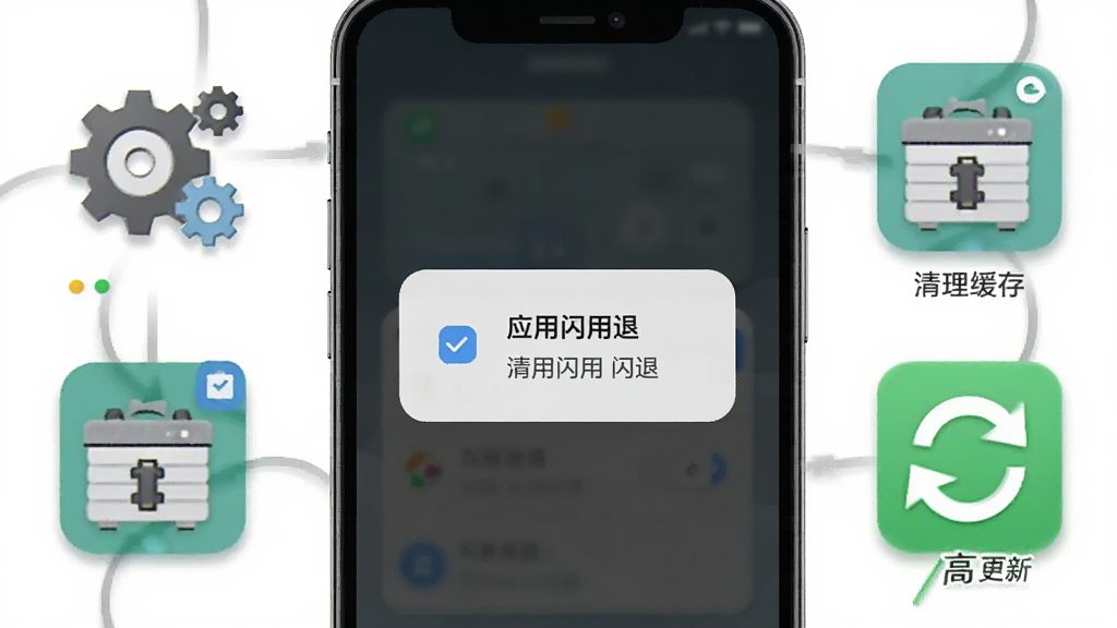 画面展示一部手机屏幕出现应用闪退提示弹窗,旁边放置清理缓存与更新应用的图标元素,布局为左右对比构图,风格为科技问题排查风,细节包含齿轮与刷新箭头,画质清晰干净,无多余元素