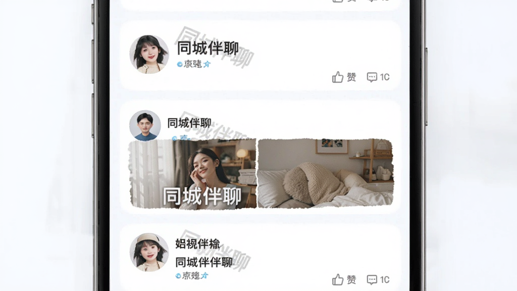 ͬ�ǰ��Ķ�̬�㳡ҳ��ʾ��ͼ������Ϊ�ֻ��������棬��Ϣ����Ƭ�������У�ÿ�ſ�Ƭ�����û�ͷ���ǳơ���ͬ�ǰ��ġ�ˮӡ��ͼƬ���������ͼ�꣬������������ͣ��������룬ϸ�����������ʸɾ����޶���Ԫ��