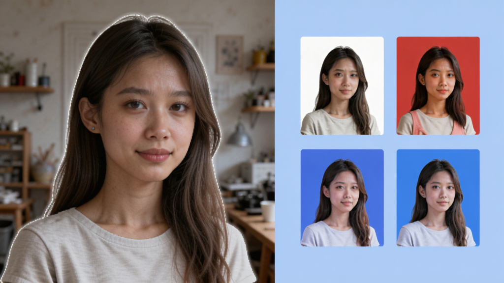 画面展示一位年轻女性的半身像被精准抠出,人物轮廓边缘有细微的光晕示意识别完成,背景从杂乱的室内场景切换为纯净的浅蓝色,布局上人物位于画面左侧,右侧并排展示白色、红色、蓝色三张不同底色的成品小图,排版简洁明了,风格为写实与UI展示结合,细节上人物发丝边缘处理自然,画质高清干净,无多余元素