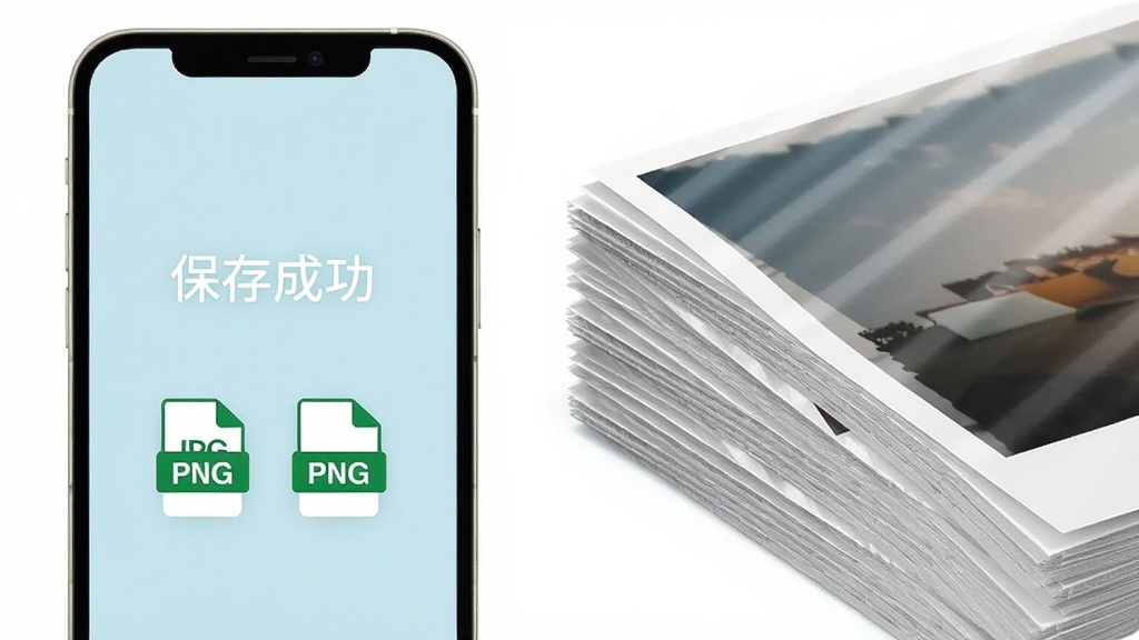 画面左侧是一部手机屏幕显示着“保存成功”的提示和JPG/PNG格式图标,右侧是一叠排列整齐的冲印相纸从画面边缘延伸出来,布局上左右呼应形成对比,排版清晰,风格为简洁的扁平化设计,细节上相纸表面有轻微的光泽质感,手机屏幕有柔和的发光效果,画质干净明亮,无多余元素